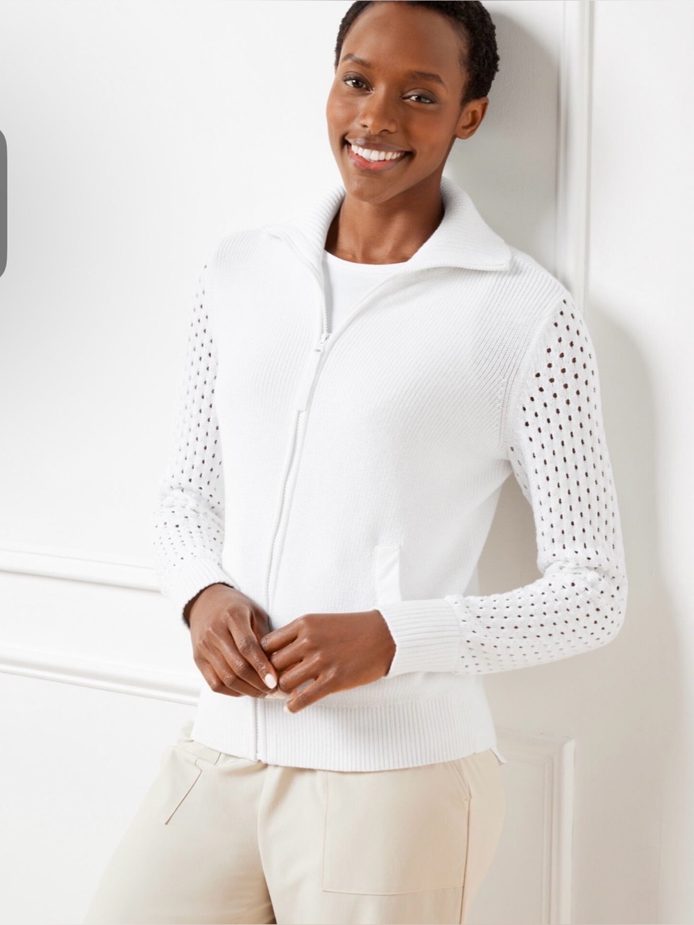 NWT T by Talbots Coolmax Travel Sweater White‎ Full Zip Jacket Petite Small